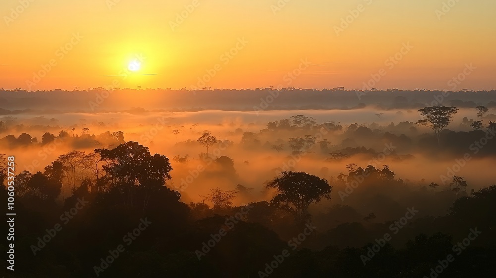 A stunning sunrise casts a golden glow over a misty rainforest landscape. A stunning sunrise casts a golden glow over a misty rainforest landscape.