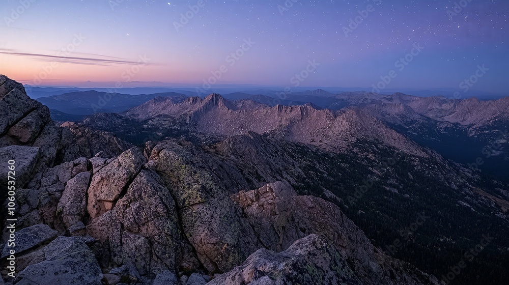 A stunning panoramic view of a mountain range at dawn with a starry sky in the background. A stunning panoramic view of a mountain range at dawn with a starry sky in the background.