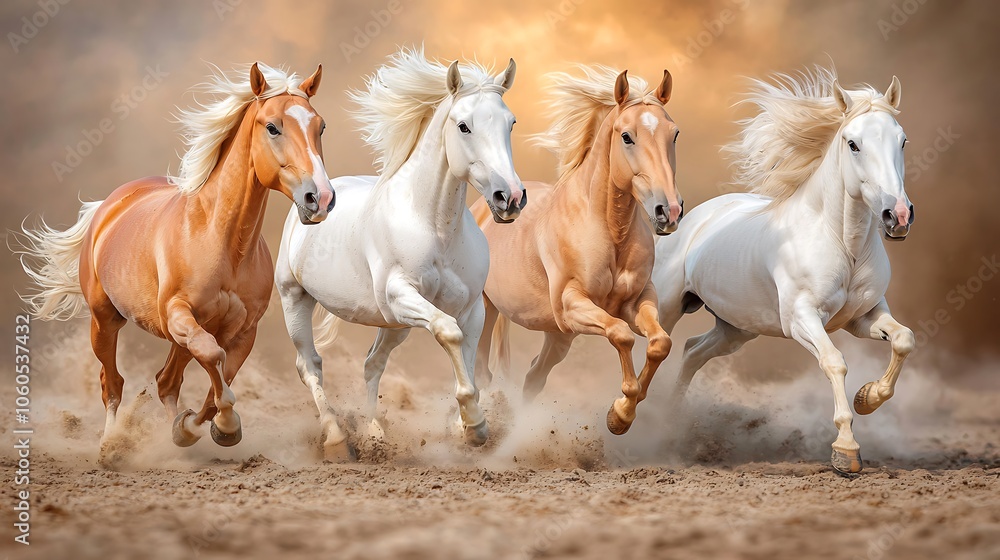Fototapeta premium Four majestic horses galloping together in a dusty landscape as the sun sets behind them creating a breathtaking scene of grace and freedom