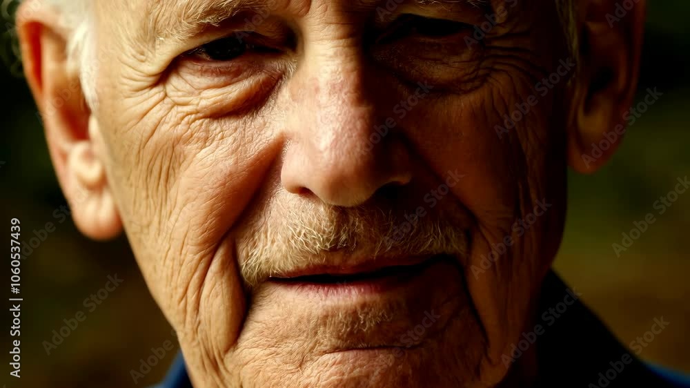 Extreme close-up of a smiling senior man with wrinkles, white hair, and a mustache, against a blurred dark background Extreme close-up of a smiling senior man with wrinkles, white hair, and a mustache, against a blurred dark background