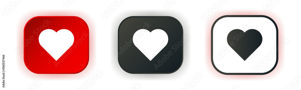 Like heart icon set. Design for app icons. Red button template. Like heart icon set. Design for app icons. Red button template.