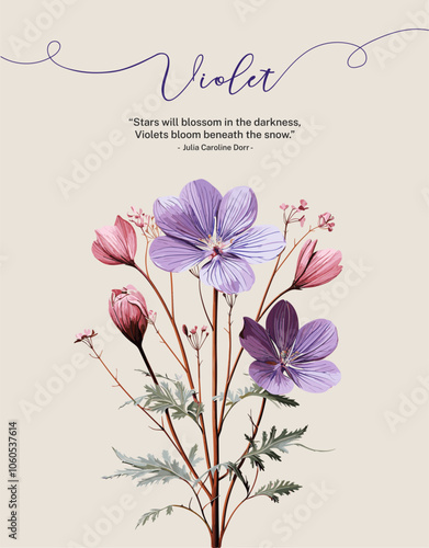 Elegant Hot Purple Violet Flower with Blossoming Buds and Delicate Leaves. Flower card.