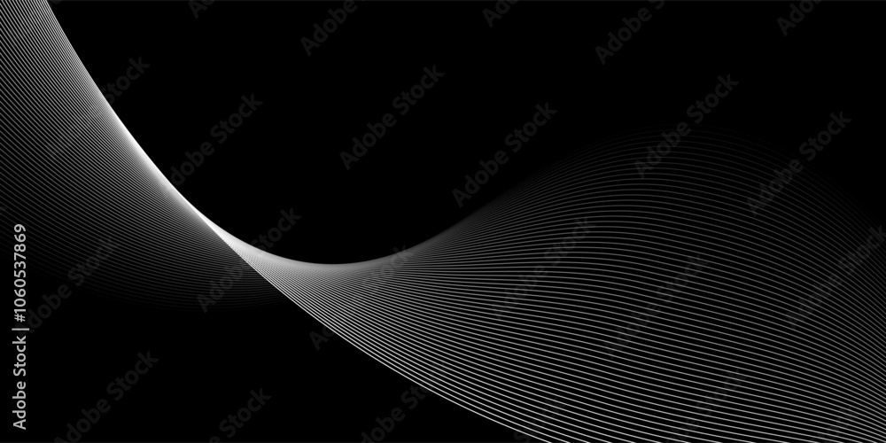 Abstract black background with flowing white curved lines creating a wave effect