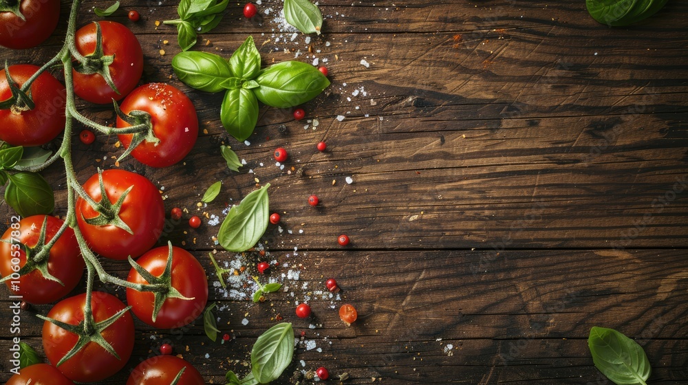 Cooking concept: Tomatoes, basil, and spices on a wooden surface viewed from above with room for text. Cooking concept: Tomatoes, basil, and spices on a wooden surface viewed from above with room for text.