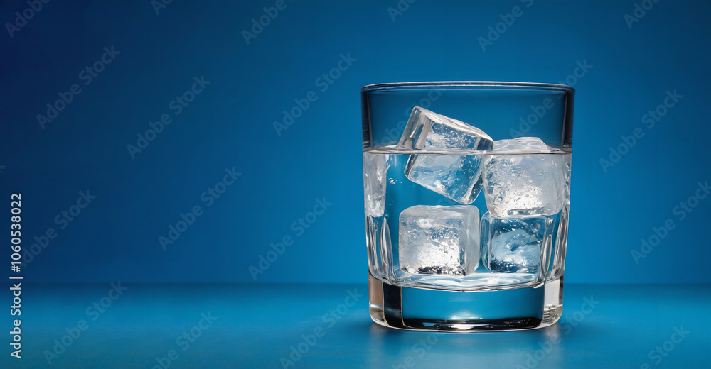 A glass of cold water with ice cubes on blue background A glass of cold water with ice cubes on blue background
