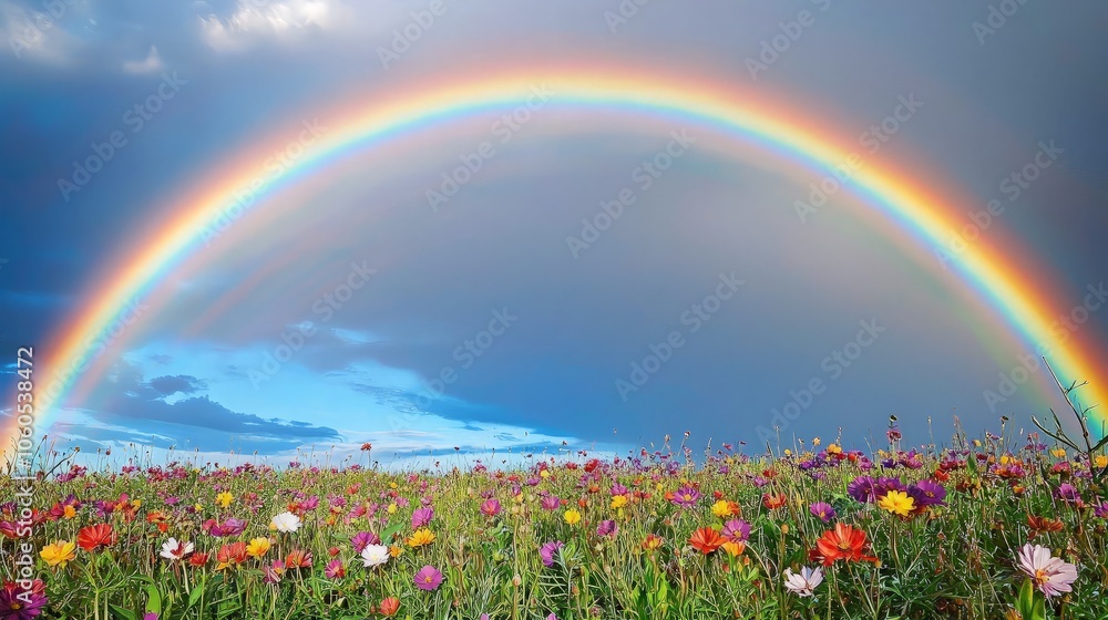 A vibrant rainbow arches over a field of wildflowers, a symbol of hope and beauty after a storm. A vibrant rainbow arches over a field of wildflowers, a symbol of hope and beauty after a storm.