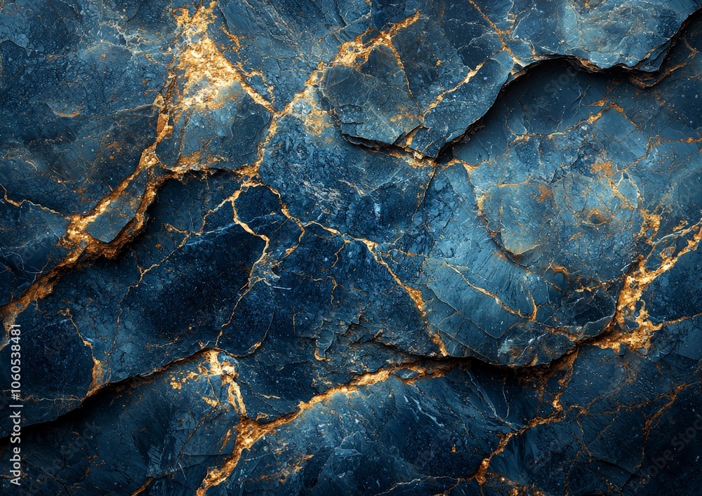 A textured blue and gold rock surface with cracks, suitable for backgrounds or designs.