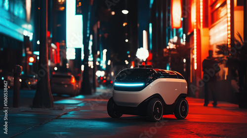 delivery robot with wheels on the city street carries goods to the customer, modern technologies, future, robotics, machine, device, delivery service, road, courier