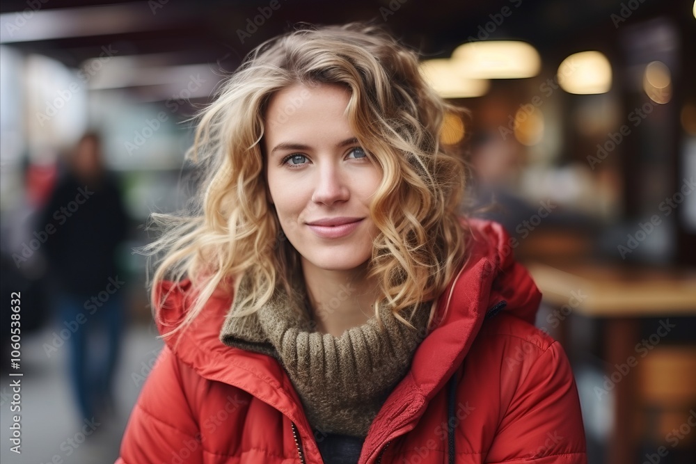 Portrait of a beautiful woman in a red jacket on the street Portrait of a beautiful woman in a red jacket on the street