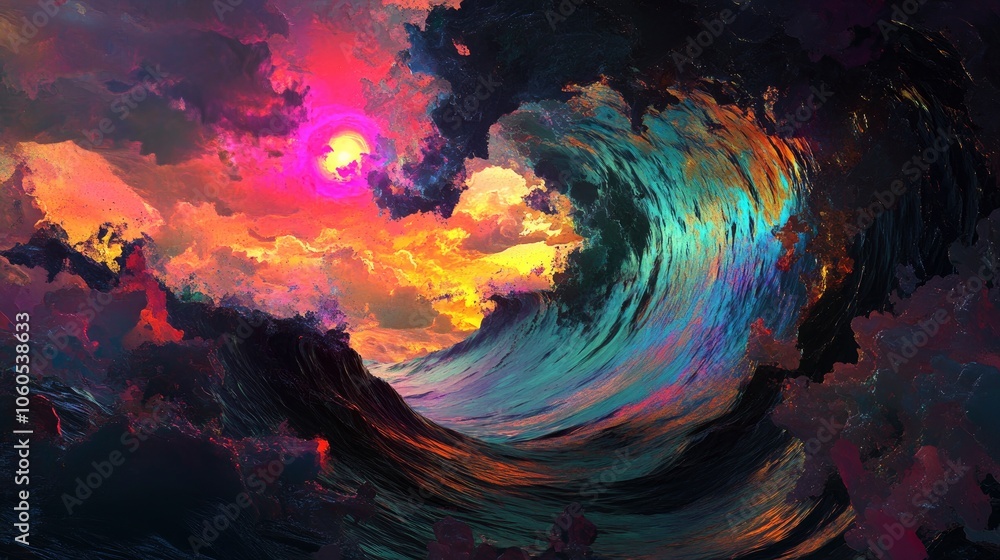 Colourful wave peaking into a flare with sunrise storm Colourful wave peaking into a flare with sunrise storm