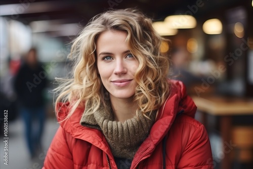 Portrait of a beautiful woman in a red jacket on the street