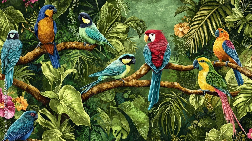 Naklejka premium Colorful parrots perched on branches in a lush tropical jungle.