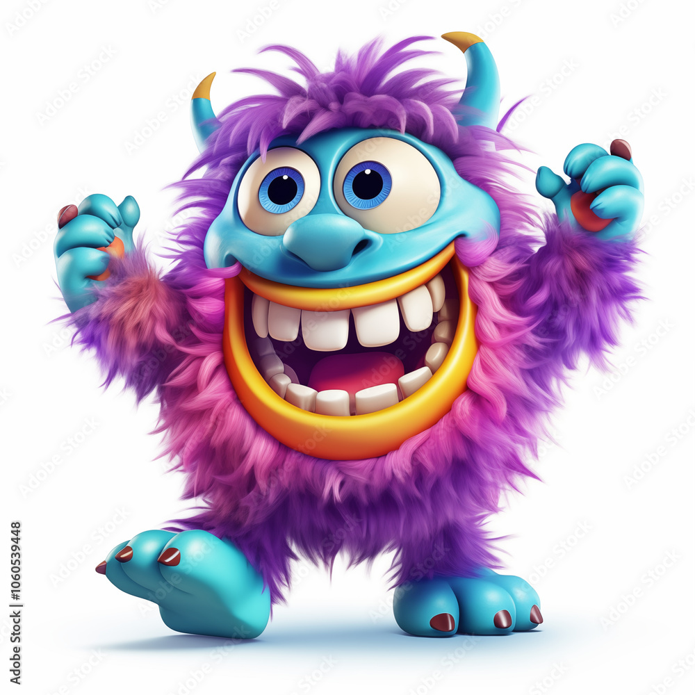 Colorful cartoon monster dancing joyfully in a whimsical style with vibrant purple and blue fur Colorful cartoon monster dancing joyfully in a whimsical style with vibrant purple and blue fur