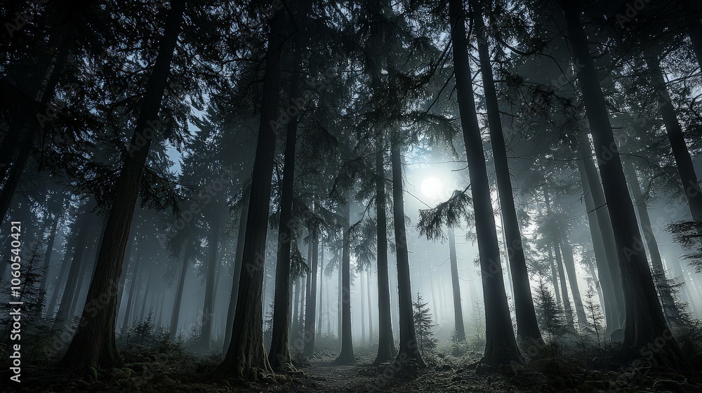 Obraz premium Misty forest path with tall trees and a sunlit clearing.