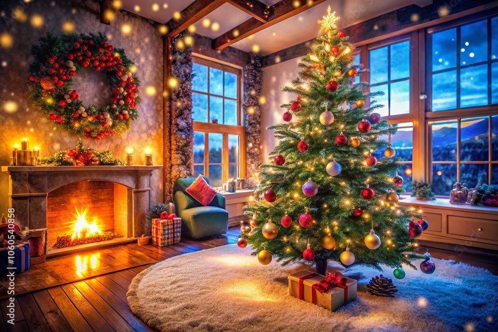 Enchanting Christmas Tree Decorations in a Cozy Winter Wonderland - Tilt-Shift Photography for Festive Holiday Backgrounds Enchanting Christmas Tree Decorations in a Cozy Winter Wonderland - Tilt-Shift Photography for Festive Holiday Backgrounds