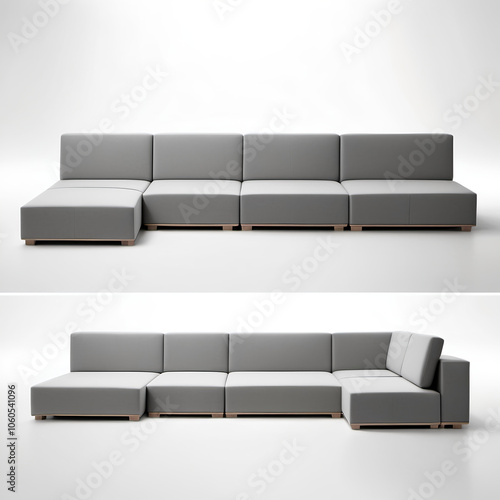 Minimalist Modular Sofa System – A sectional sofa made of interchangeable pieces that can be rearranged to suit different spaces, placed on a white background.