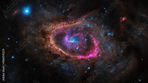 ring galaxy with lots of blue stars and hughs of purple and pink. photo