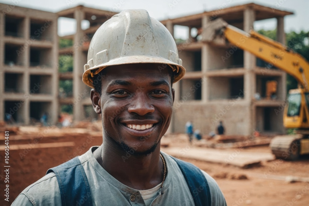 Close portrait of a smiling young Guinean man construction worker looking at the camera, Guinean outdoors construction site blurred background