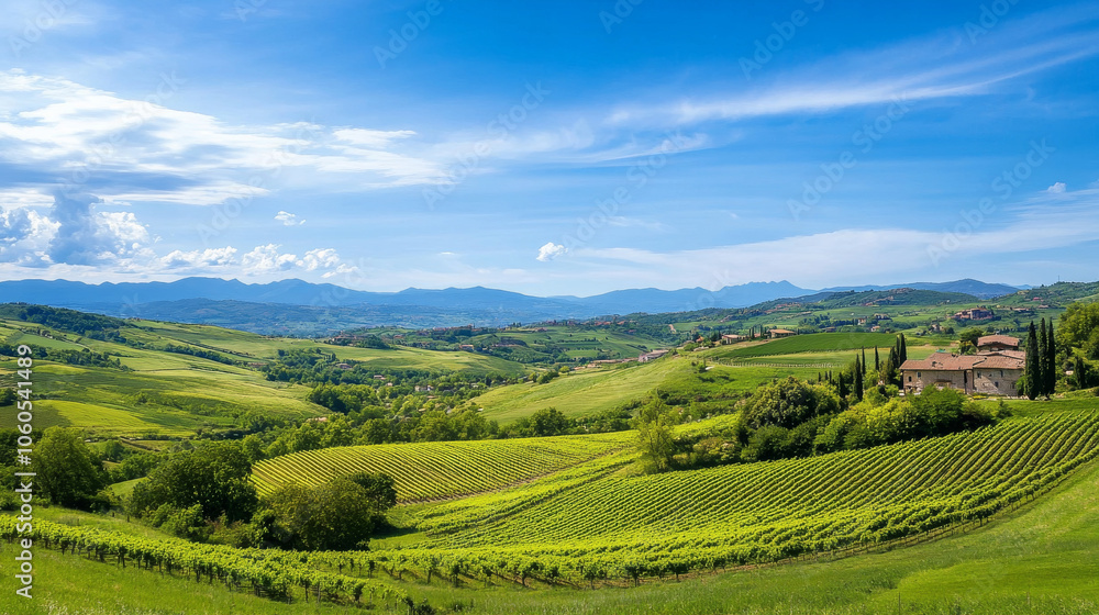 Fototapeta premium picturesque landscape with rolling hills and fertile soil, featuring lush vineyards under bright blue sky.