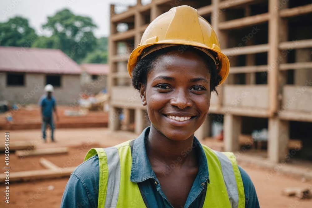 Close portrait of a smiling young Guinea-Bissauan woman construction worker looking at the camera, Guinea-Bissauan outdoors construction site blurred background Close portrait of a smiling young Guinea-Bissauan woman construction worker looking at the camera, Guinea-Bissauan outdoors construction site blurred background