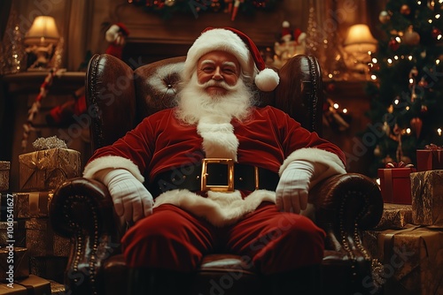 traditional Santa Claus sitting in his arm chair in a Christmas decorated living room photo