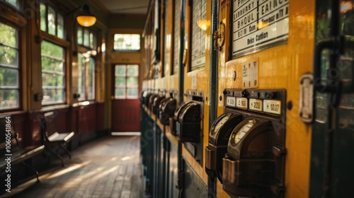 A view of the train station ticket booth displaying oldfashioned tickets and a sign with destination names.