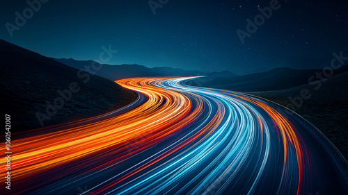 breathtaking array of colorful lights creates dynamic trails on winding road at night, evoking sense of speed and motion under starry sky