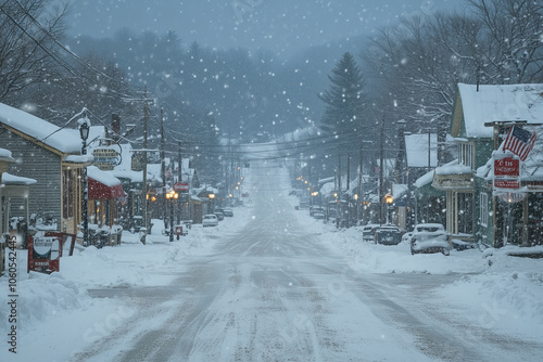 Fototapeta Naklejka Na Ścianę i Meble -  Snowstorm blankets a quiet small town, creating a serene winter landscape with swirling snowflakes at twilight