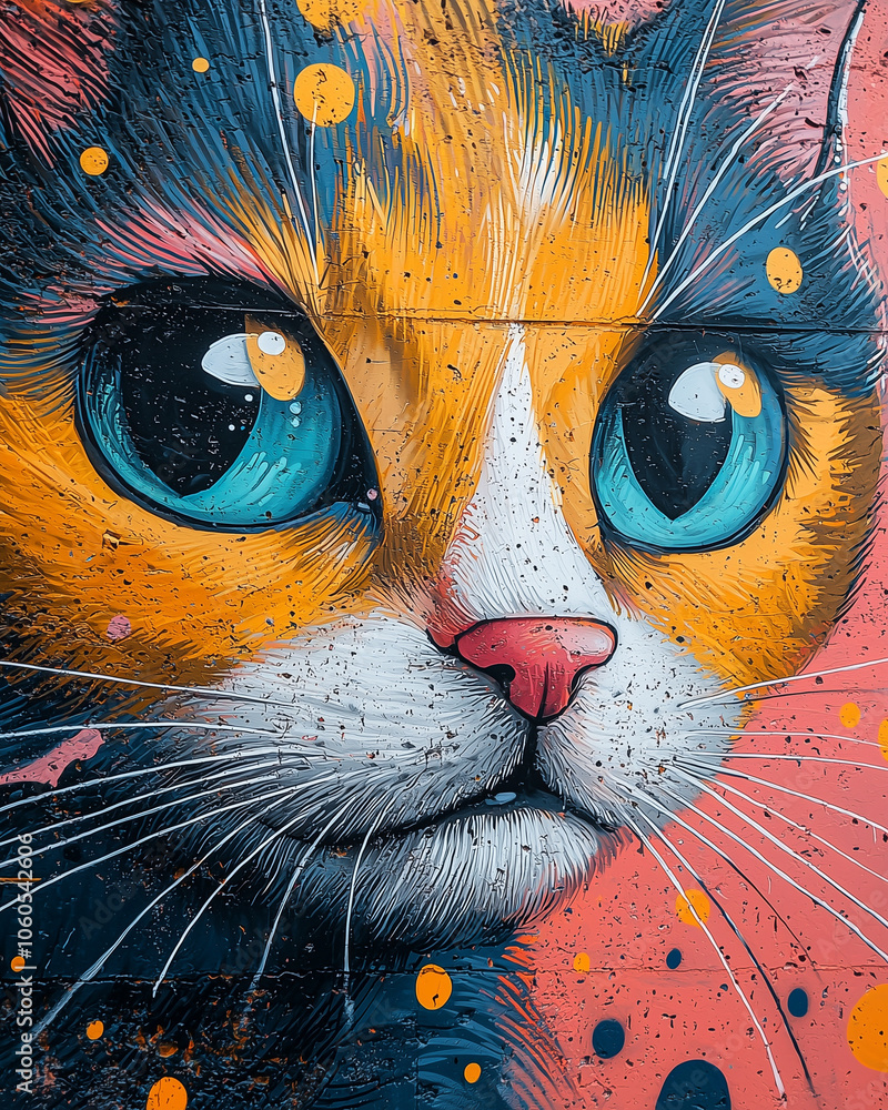 Fototapeta colorful cat face mural, eyes like windows to a soul, set against a backdrop of urban splatter