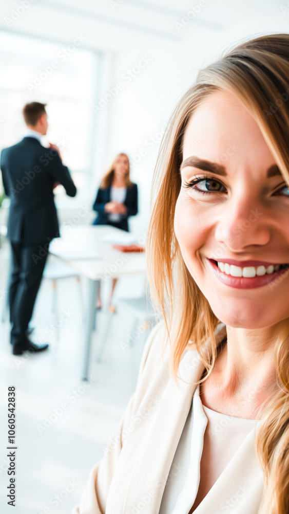 blonde woman smiles brightly a modern office setting blonde woman smiles brightly a modern office setting