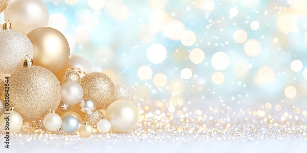 A group of glittering golden Christmas ornaments sits on a sparkling surface, with soft bokeh lights in the background. A group of glittering golden Christmas ornaments sits on a sparkling surface, with soft bokeh lights in the background.