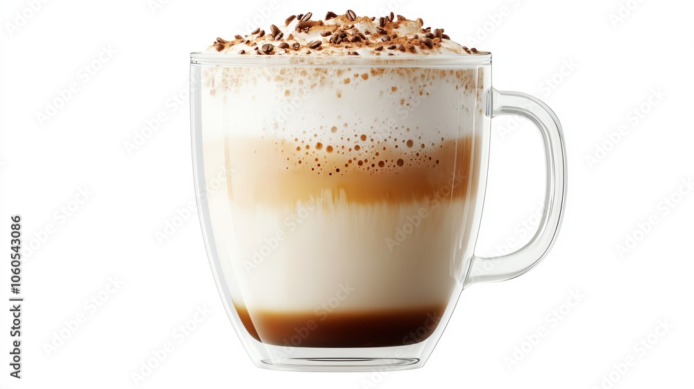 Delicious layered coffee beverage in a clear glass mug with whipped cream and cocoa on top, white isolated background. Delicious layered coffee beverage in a clear glass mug with whipped cream and cocoa on top, white isolated background.