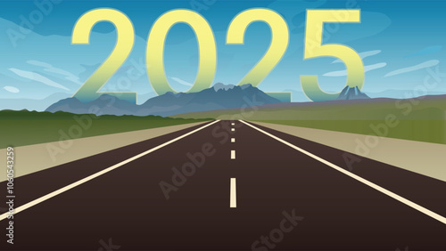 2025 road perspective with cloudy sky. 2025 behind the mountain of empty asphalt road and beautiful blue sky. Concept for vision year 2025. hope and optimism new year concept. 