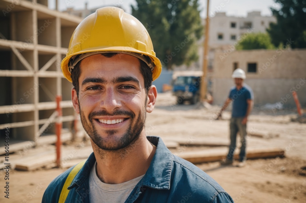 Close portrait of a smiling young Israeli man construction worker looking at the camera, Israeli outdoors construction site blurred background Close portrait of a smiling young Israeli man construction worker looking at the camera, Israeli outdoors construction site blurred background