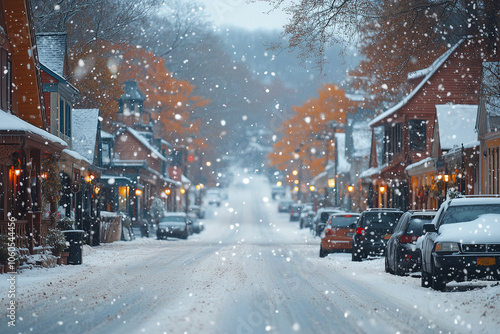 Fototapeta Naklejka Na Ścianę i Meble -  A small town blanketed in snow during a winter storm, with snowflakes falling densely on the streets and cars