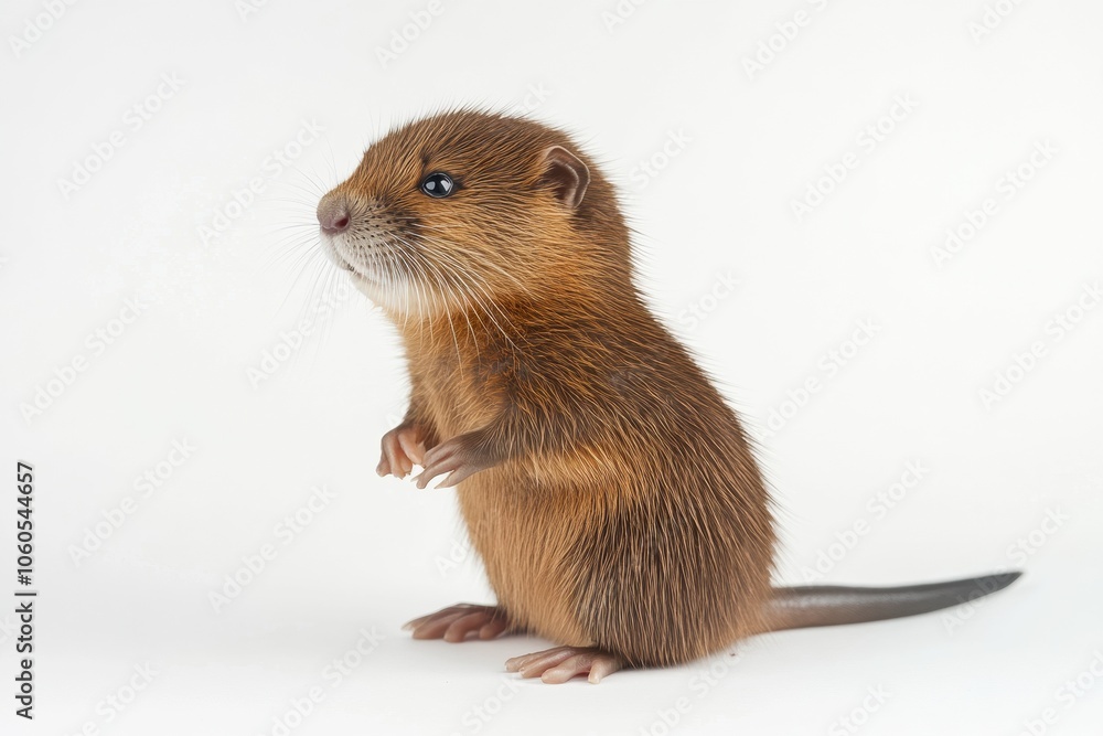 the beside view baby Muskrat standing, left side view, low angle, white copy space on right, Isolated on White Background the beside view baby Muskrat standing, left side view, low angle, white copy space on right, Isolated on White Background