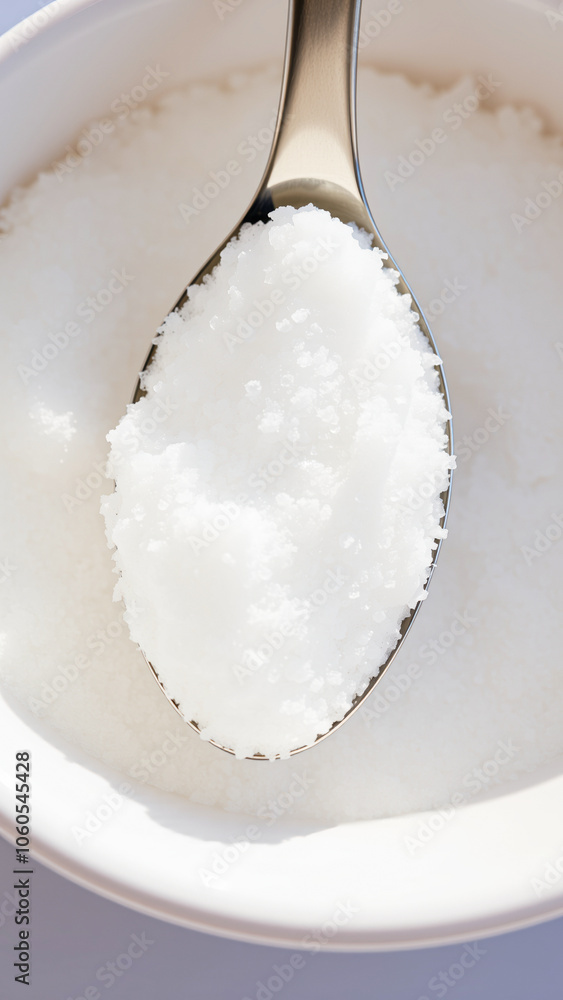 metal spoon holds granulated crystals against a white bowl metal spoon holds granulated crystals against a white bowl