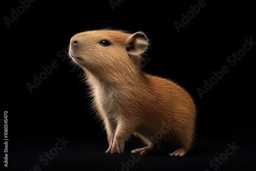 the beside view baby Capybara standing, left side view, low angle, white copy space on right, Isolated on black Background