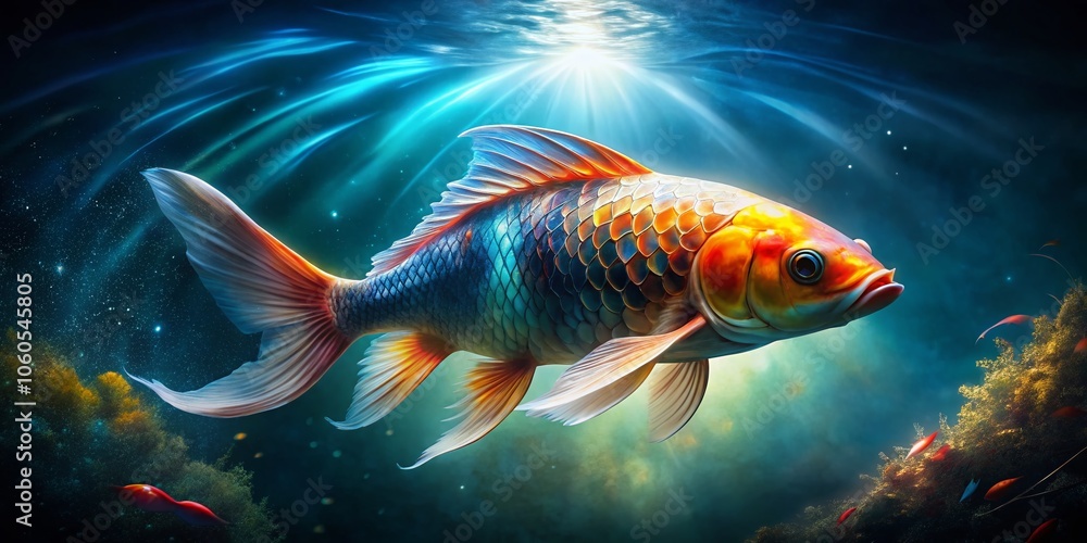 Ethereal Koifish in Low Light: Majestic Underwater Portrait of a Mystical Creature with Soft Illuminations and Dark Waters, Capturing the Beauty of Nature's Serenity and Grace Ethereal Koifish in Low Light: Majestic Underwater Portrait of a Mystical Creature with Soft Illuminations and Dark Waters, Capturing the Beauty of Nature's Serenity and Grace