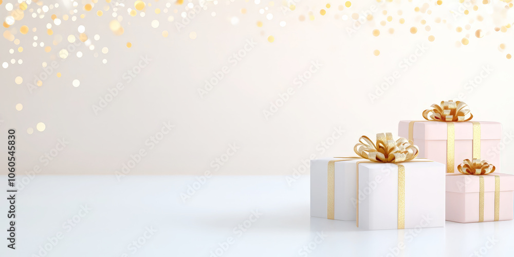 A stack of pastel-colored gift boxes with golden ribbons, set against a minimal white background with subtle golden bokeh lights. A stack of pastel-colored gift boxes with golden ribbons, set against a minimal white background with subtle golden bokeh lights.