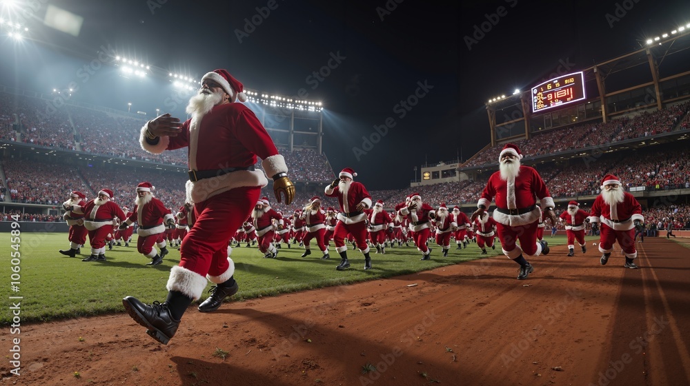Fototapeta premium A group of people dressed as Santa Claus running on a baseball field