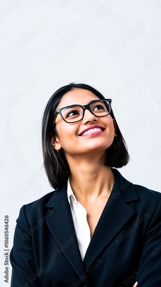 young woman a black blazer smiles thoughtfully young woman a black blazer smiles thoughtfully