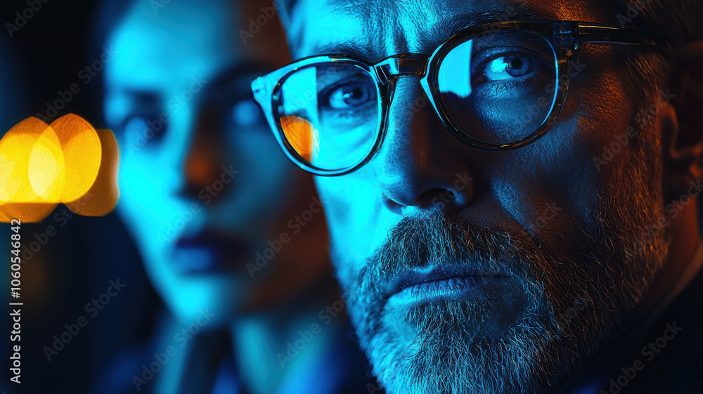 Intense close up of man with glasses, illuminated by blue light, with woman in background. atmosphere is dramatic and moody, highlighting their expressions Intense close up of man with glasses, illuminated by blue light, with woman in background. atmosphere is dramatic and moody, highlighting their expressions