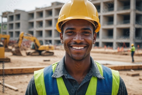 Close portrait of a smiling young Lesothan man construction worker looking at the camera, Lesothan outdoors construction site blurred background photo