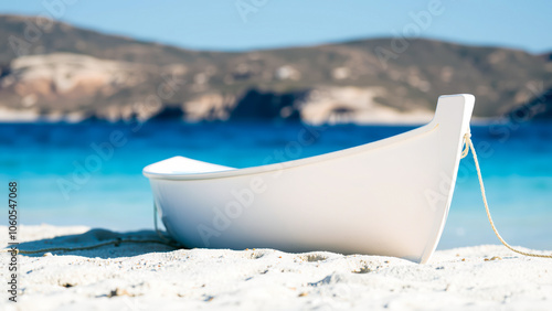 white boat anchored on a pristine beach photo