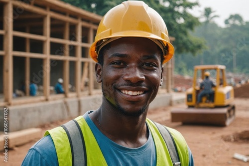 Close portrait of a smiling young Liberian man construction worker looking at the camera, Liberian outdoors construction site blurred background