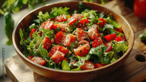 Fresh green salad with organic ingredients, featuring vibrant tomatoes and leafy greens, perfect for healthy meal. Enjoy colorful presentation and natural flavors