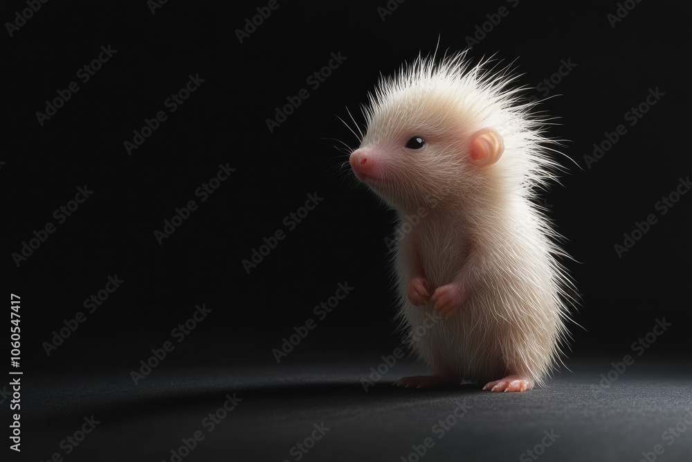 the beside view baby Porcupine standing, left side view, low angle, white copy space on right, Isolated on black Background the beside view baby Porcupine standing, left side view, low angle, white copy space on right, Isolated on black Background