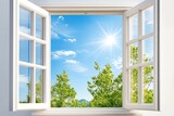 A bright and airy window view showcasing a clear blue sky and lush greenery, perfect for creating a serene atmosphere.