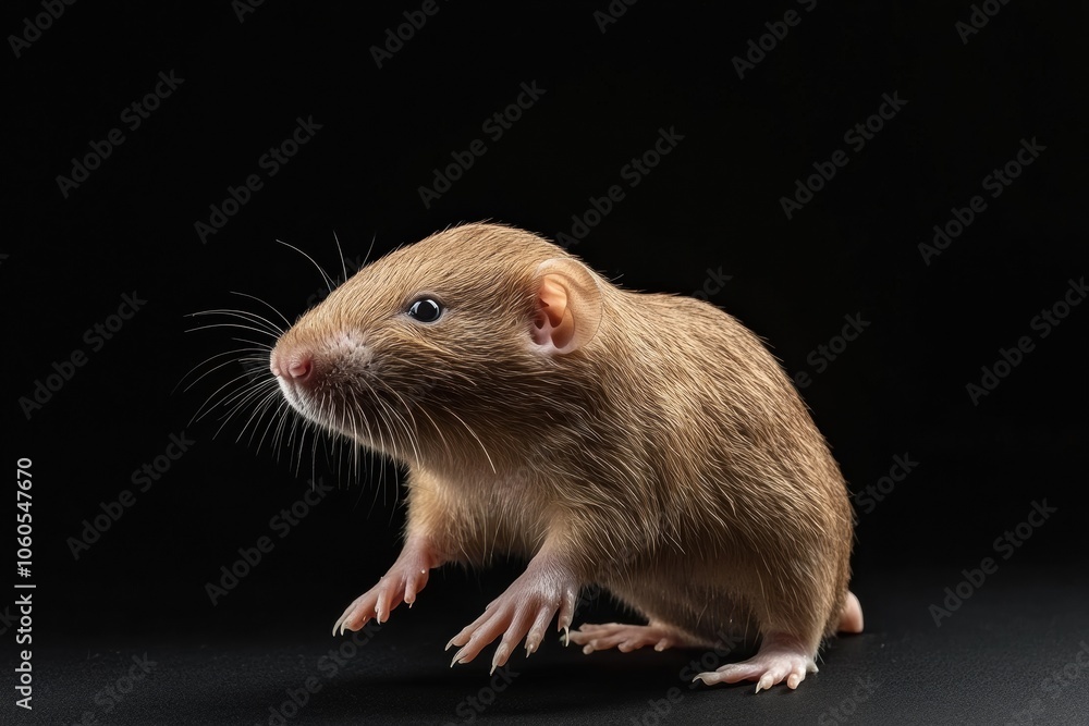 the beside view baby Mole rat standing, left side view, low angle, white copy space on right, Isolated on black Background the beside view baby Mole rat standing, left side view, low angle, white copy space on right, Isolated on black Background